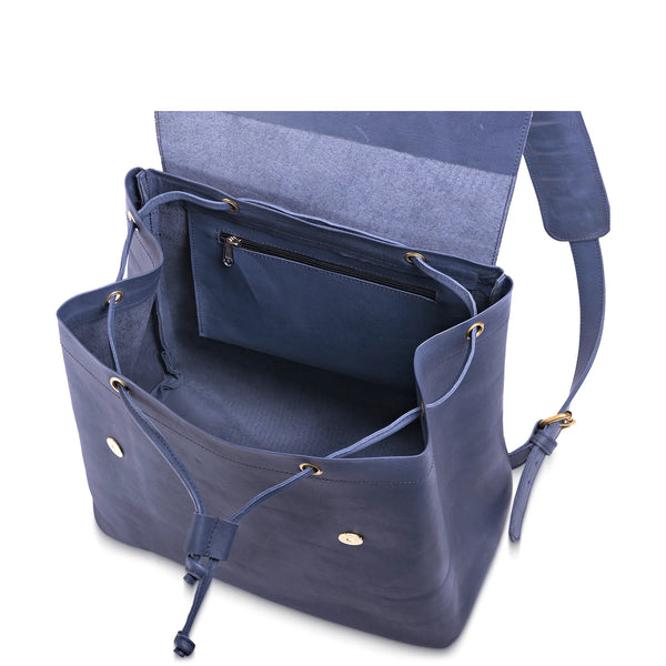 Blue backpack with open front compartment on a white background