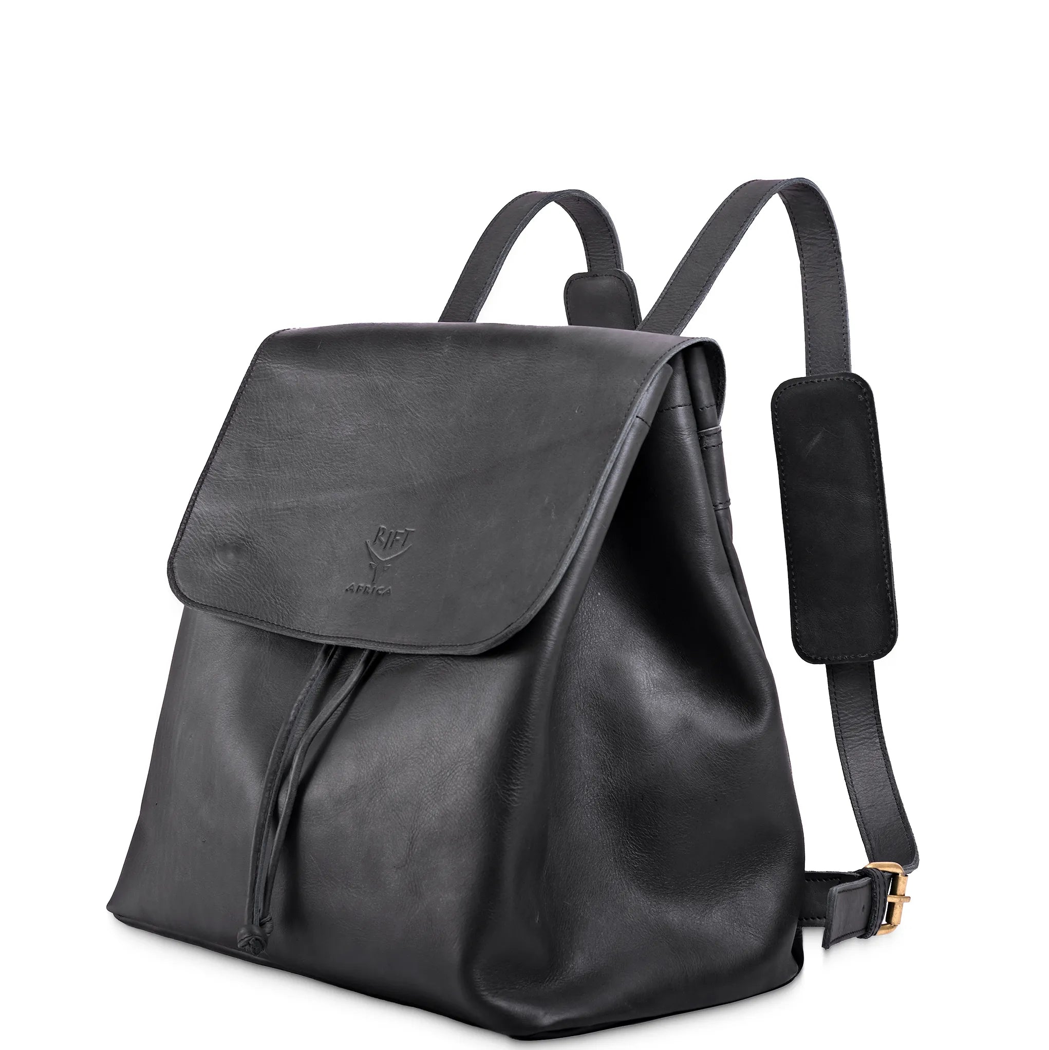 Black leather backpack with a phone charging pad on a white background