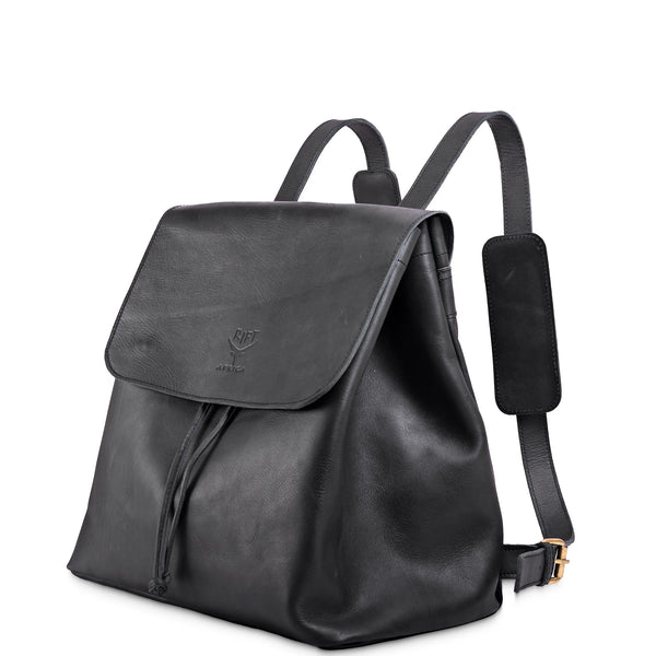 Black leather backpack with a phone charging pad on a white background