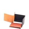 Orange leather wallet with open design on a white background