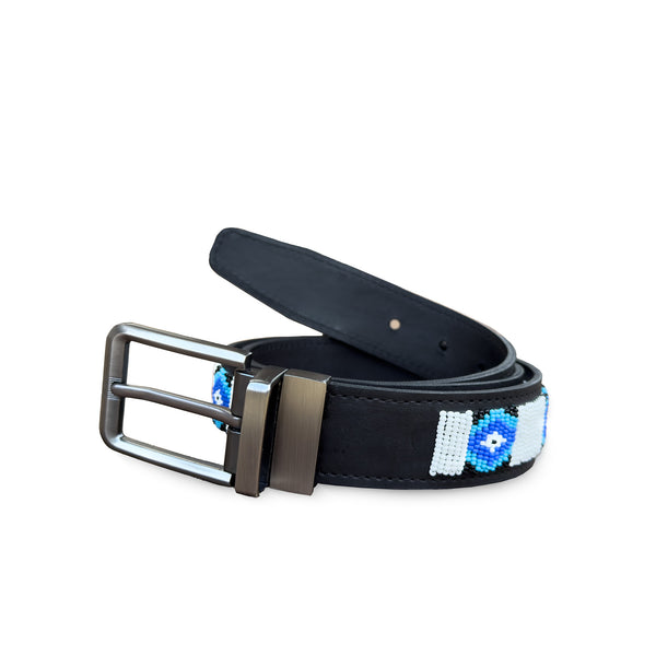 Black leather beaded belt on a white background