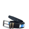 Black belt with blue and white pattern and silver buckle on a white background