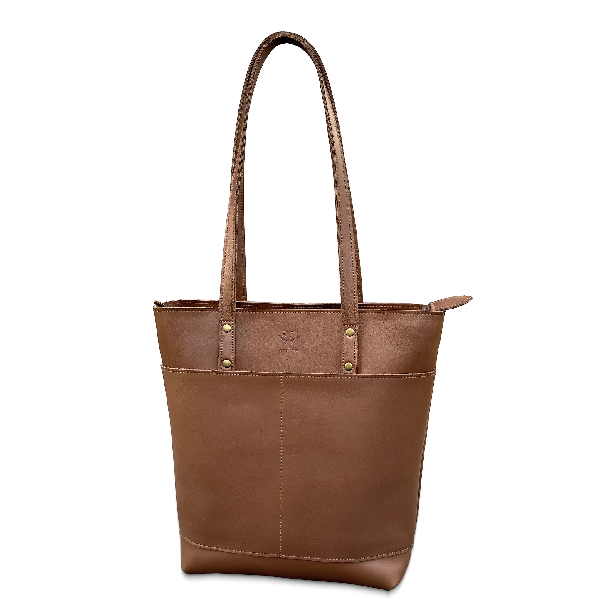 Brown leather tote bag on a white background