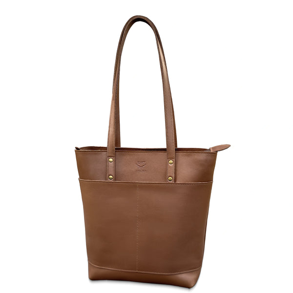Brown leather tote bag on a white background