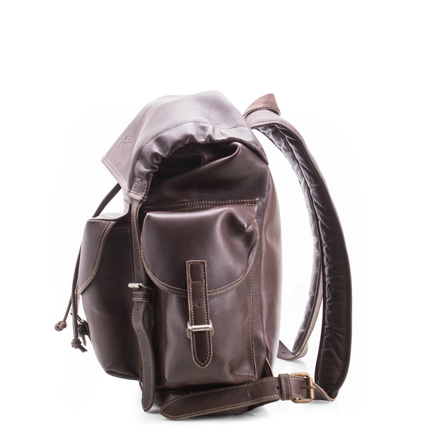 Brown leather backpack on a white background