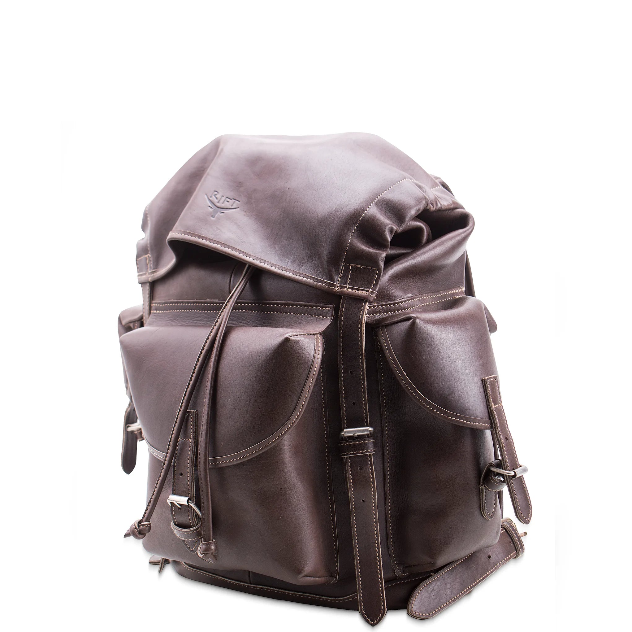 Brown leather backpack on a white background