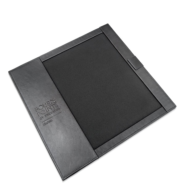 Black leather blotter with 'Four Points by Sheraton' branding on a white background
