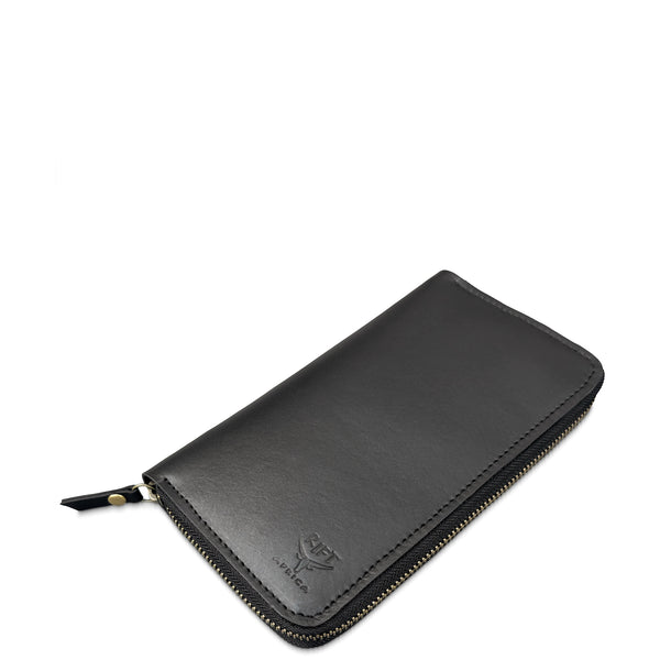 A black leather zip-around wallet with a debossed logo on the front, shown on a plain white background.