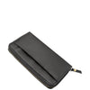 A black leather zip-around wallet with a front slip pocket and brass-toned zipper, shown on a plain white background.