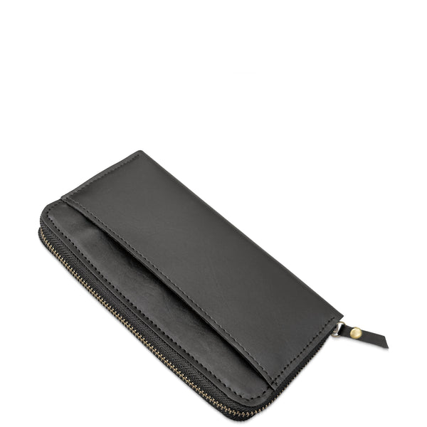 A black leather zip-around wallet with a front slip pocket and brass-toned zipper, shown on a plain white background.