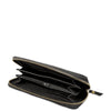 An open black leather zip-around wallet with multiple interior card slots and a gold-tone zipper, shown on a plain white background.
