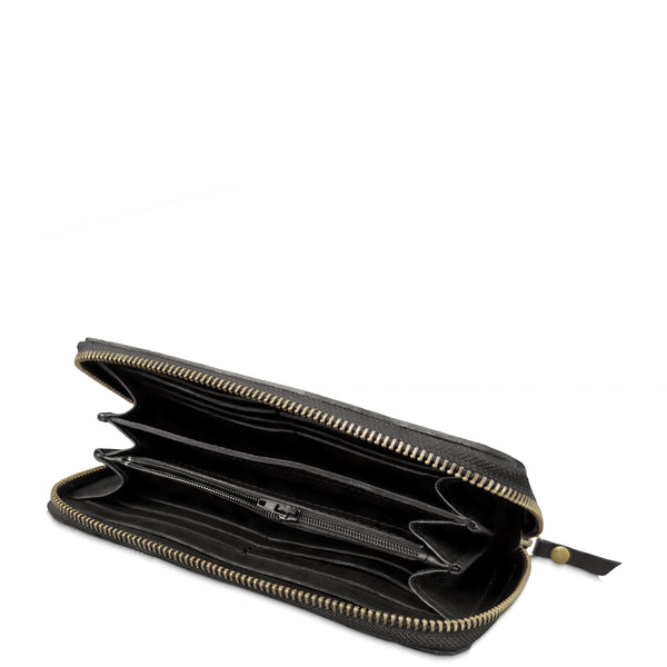 An open black leather zip-around wallet with multiple interior card slots and a gold-tone zipper, shown on a plain white background.