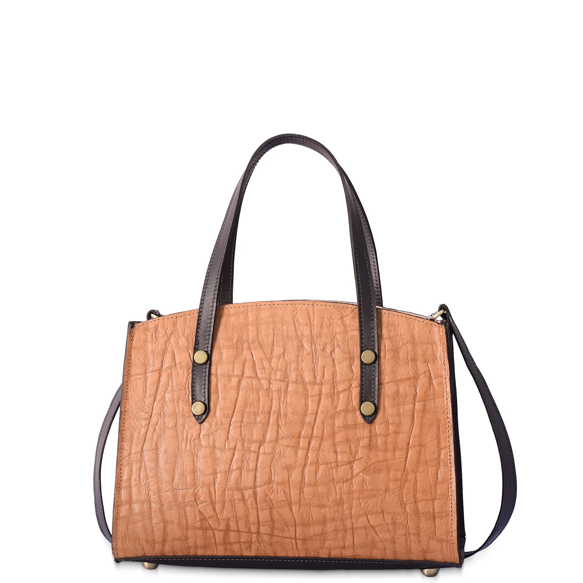 Brown textured handbag with black straps on a white background