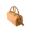 Tan leather handbag with gold accents on a white background