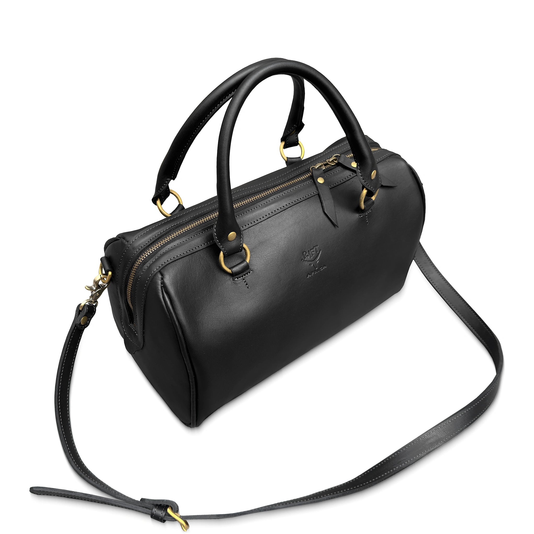 Black leather handbag with gold accents on a white background