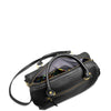 Black handbag with gold zippers on a white background