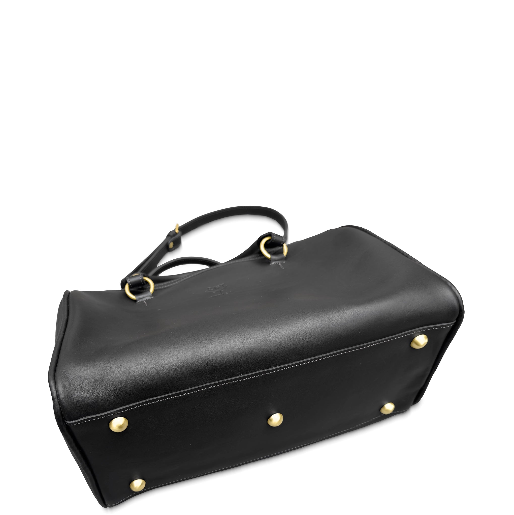Black leather bag with gold studs on a white background