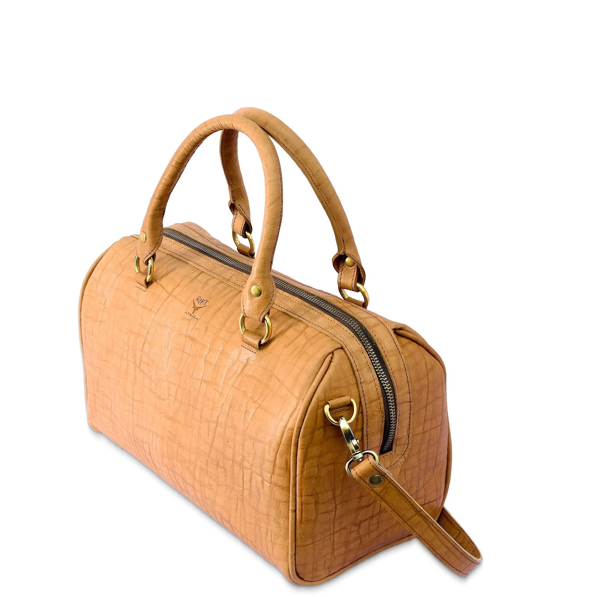 Tan handbag with gold accents on a white background