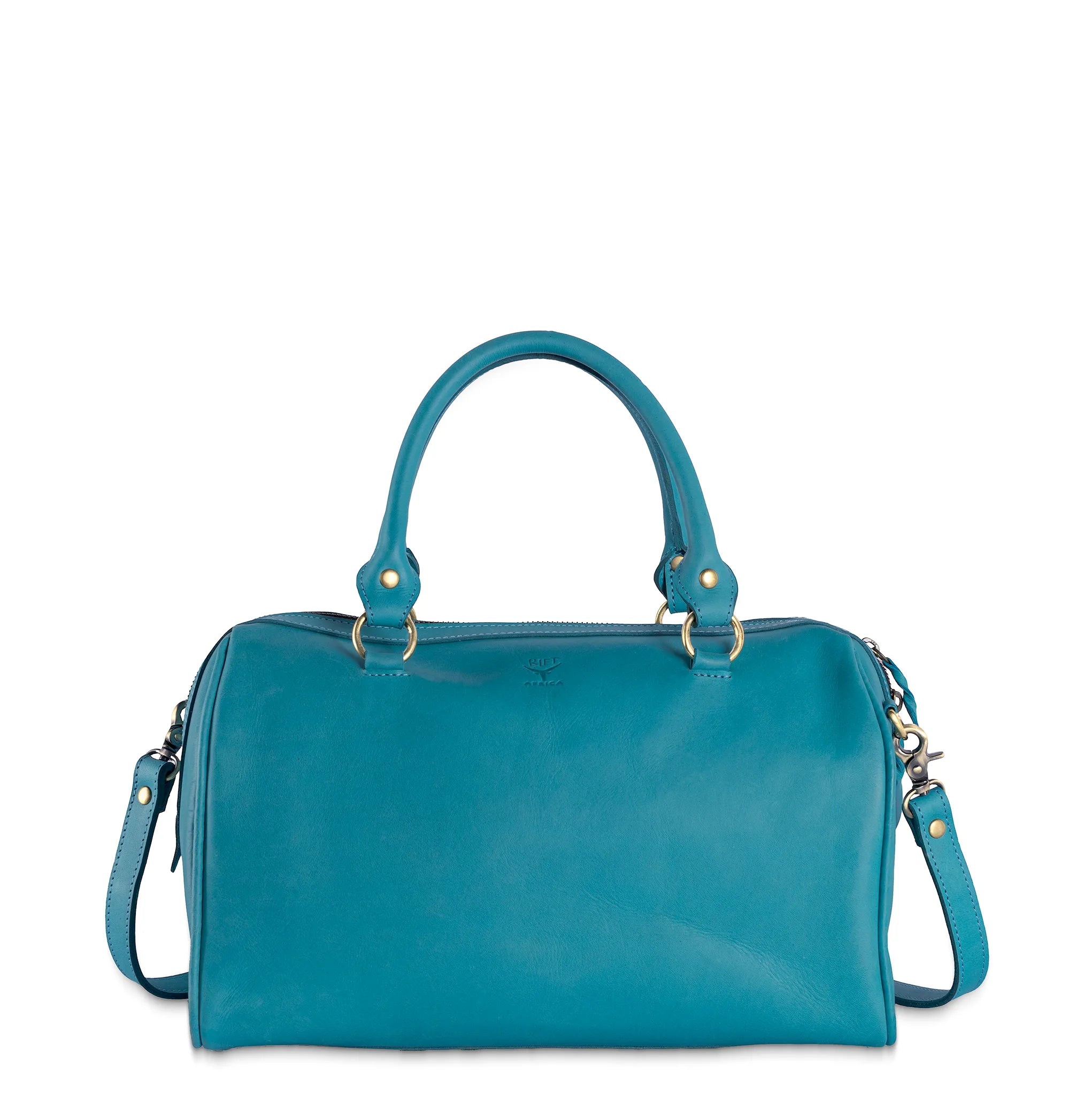 Blue handbag with gold accents on a white background