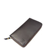 A dark brown leather zip-around wallet with a debossed logo on the front, shown on a plain white background.