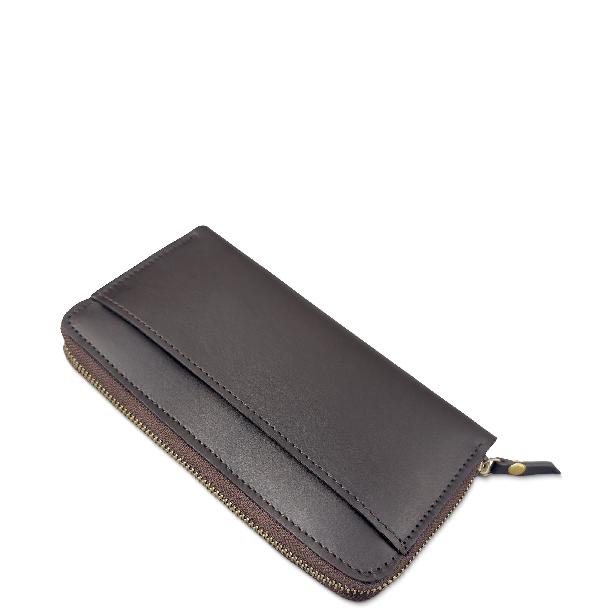 A dark brown leather zip-around wallet with a front slip pocket and brass-toned zipper, shown on a plain white background.