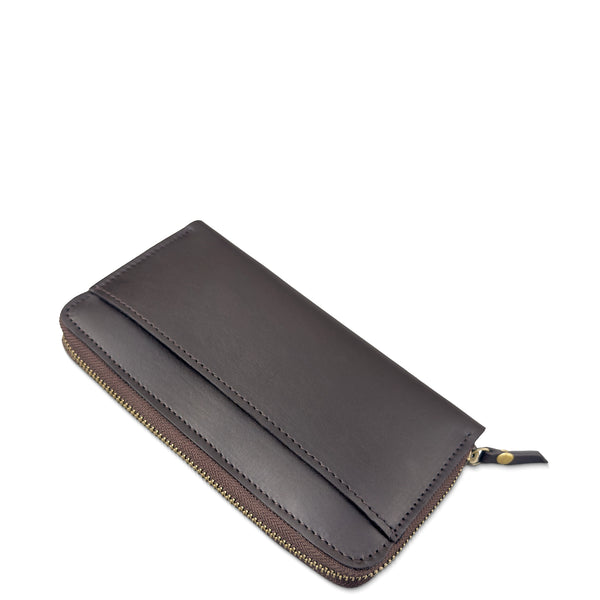A dark brown leather zip-around wallet with a front slip pocket and brass-toned zipper, shown on a plain white background.