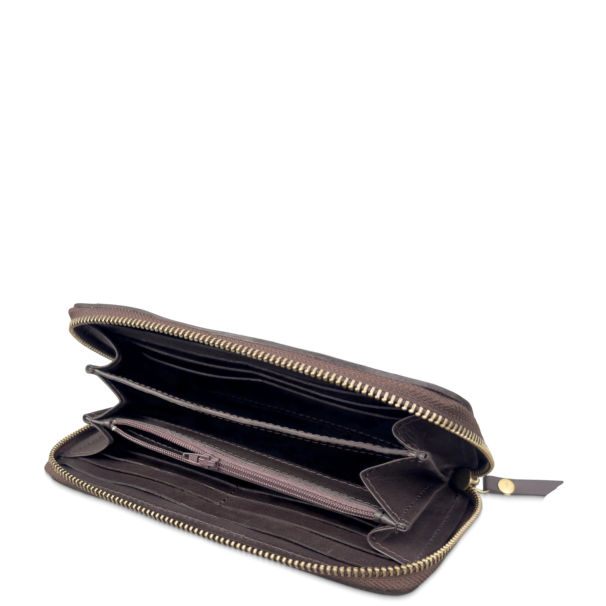 An open dark brown leather zip-around wallet with gold-tone zippers and multiple interior card slots, photographed on a clean white background.