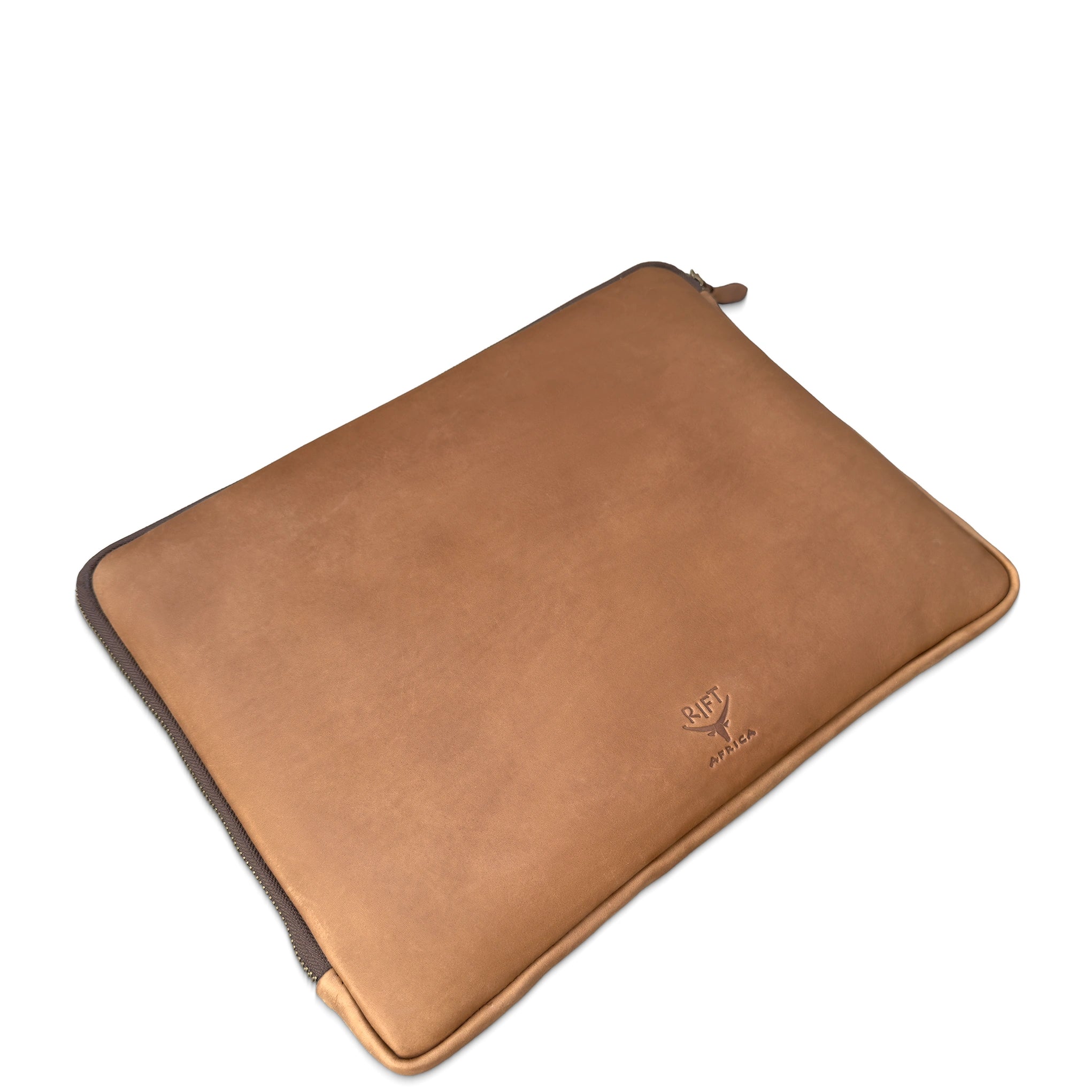 A tan leather laptop sleeve with a zipper closure and a small debossed logo on the bottom right, shown on a plain white background.