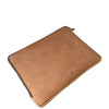 A tan leather laptop sleeve with a zipper closure and a small debossed logo on the bottom right, shown on a plain white background.