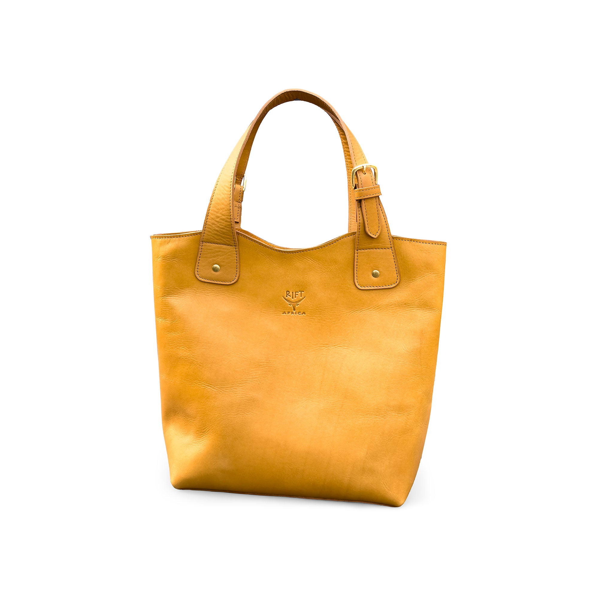 Tan leather tote bag on a white background