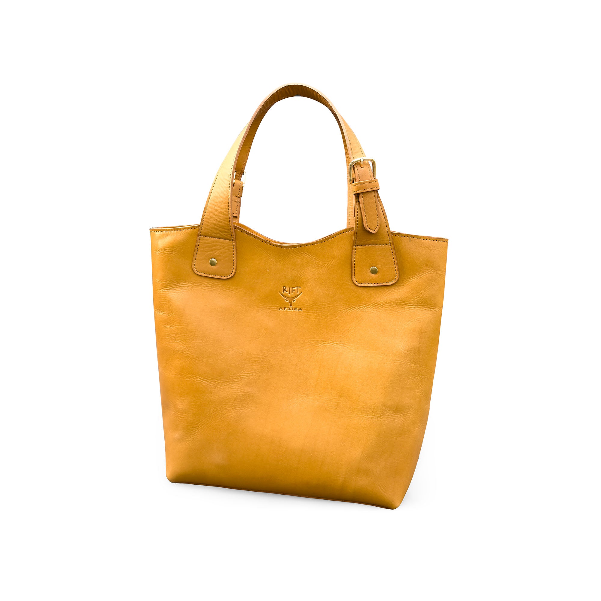 Tan tote bag with a visible brand logo on a white background