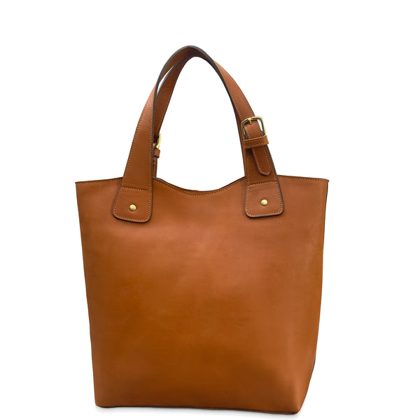 Brown leather tote bag with a buckle on a white background