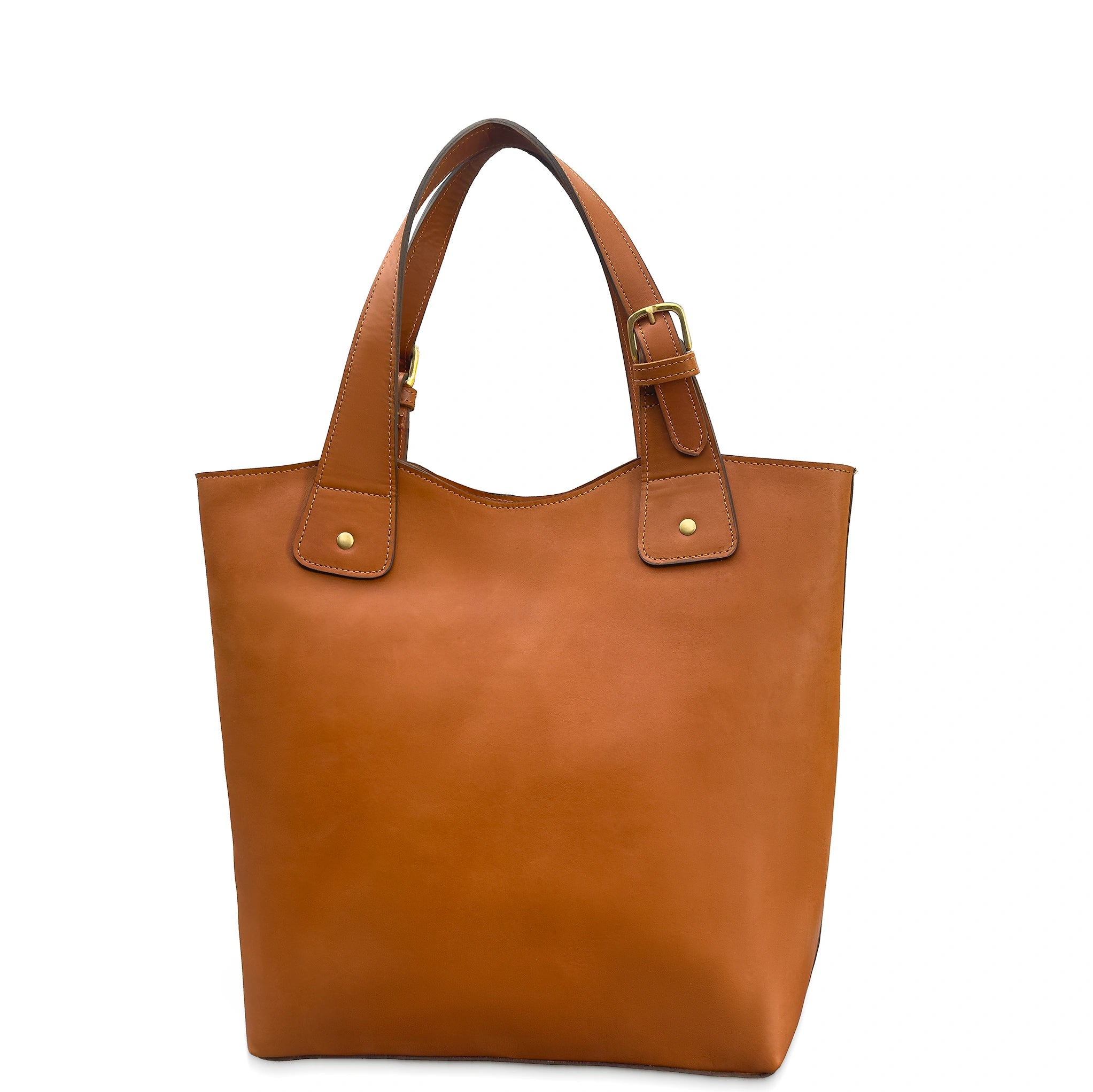 Brown leather tote bag with a buckle on a white background