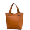 Brown leather tote bag with a buckle on a white background