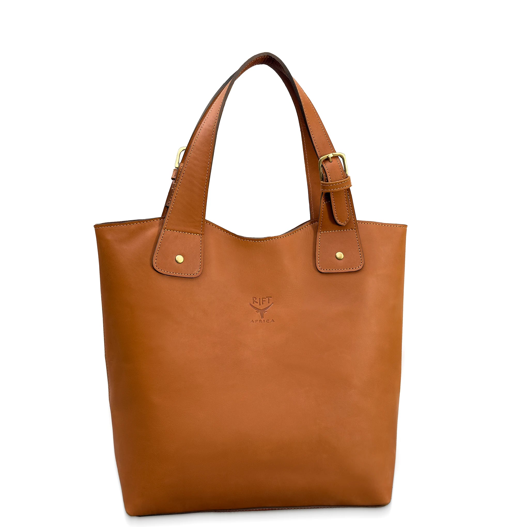 Brown leather tote bag with gold accents on a white background