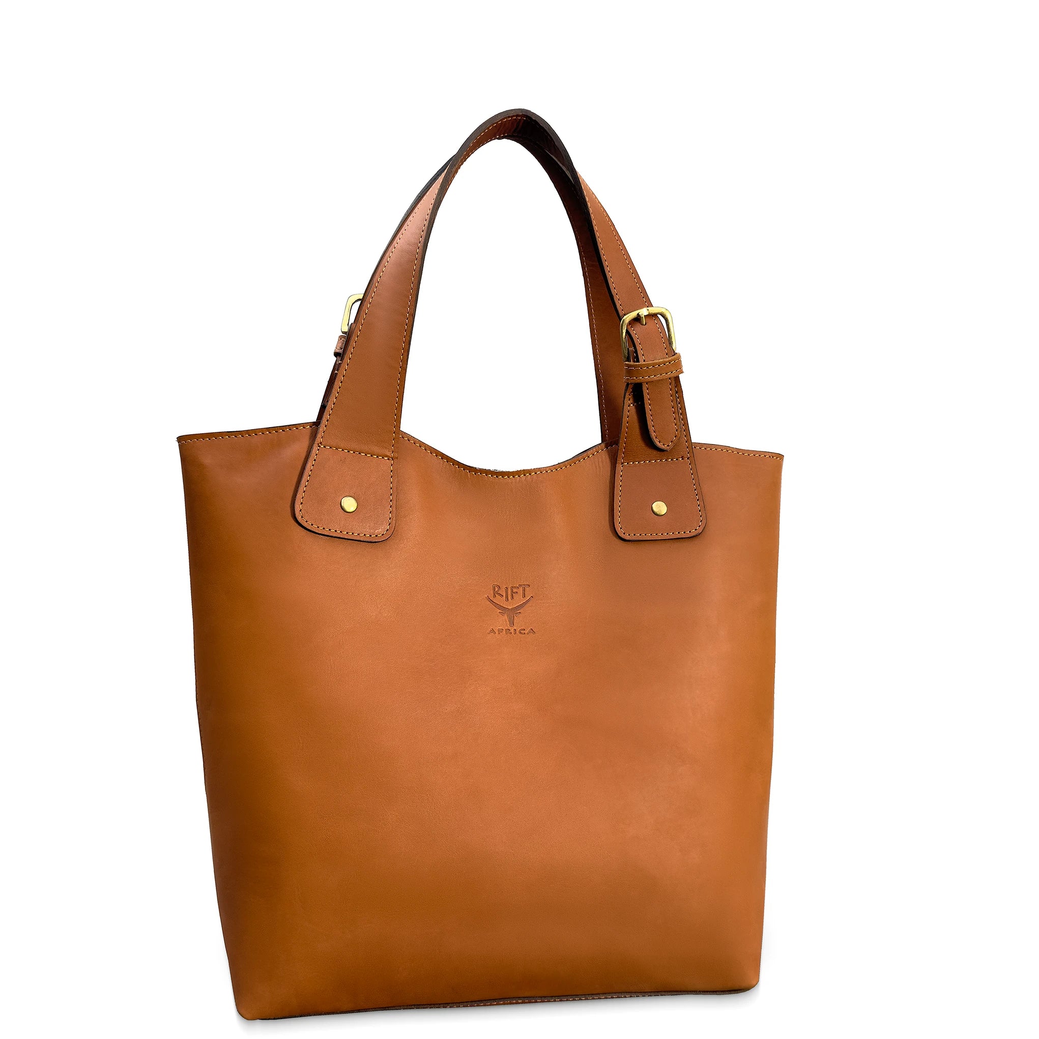 Brown leather tote bag with gold accents on a white background