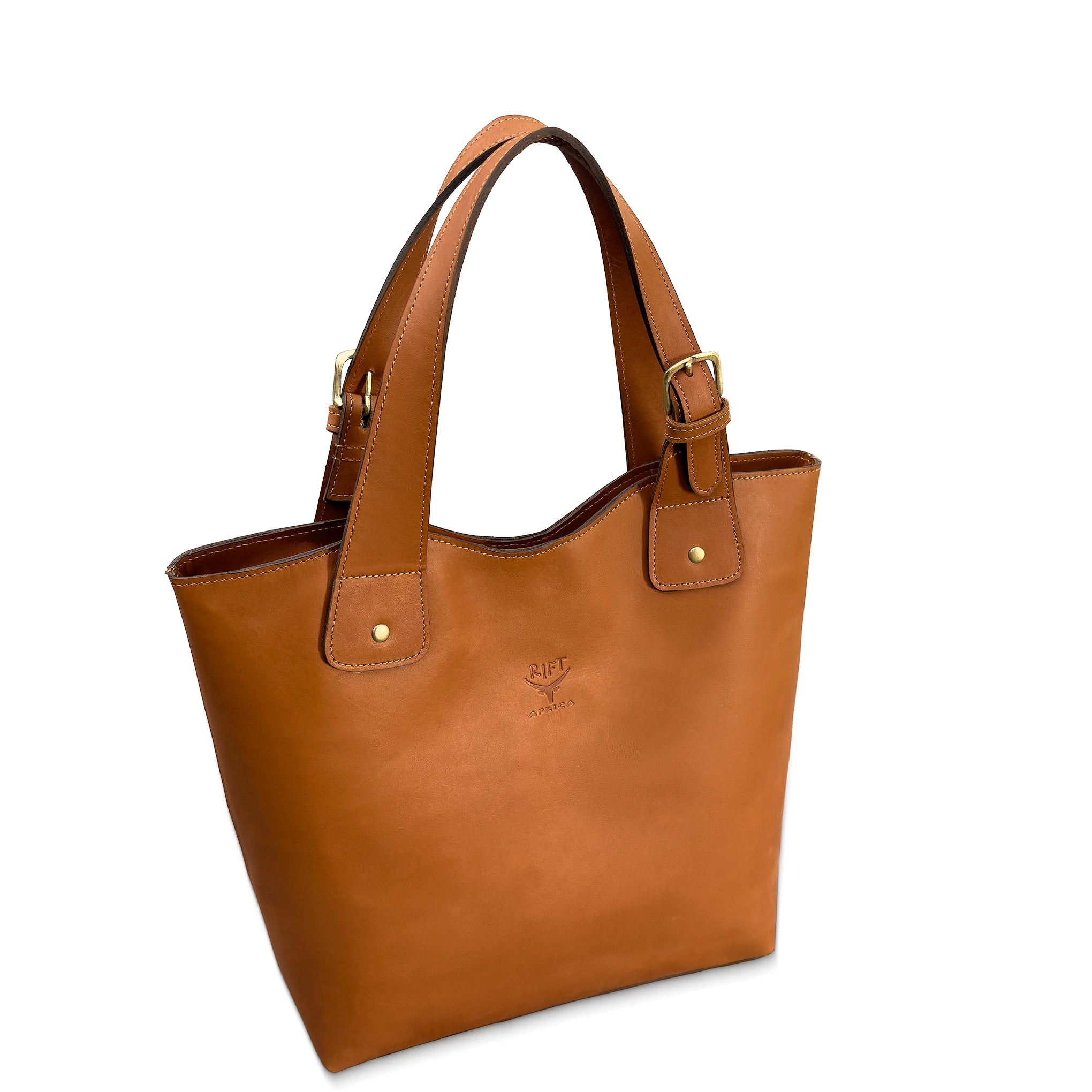 Brown leather tote bag with a visible brand logo on a white background