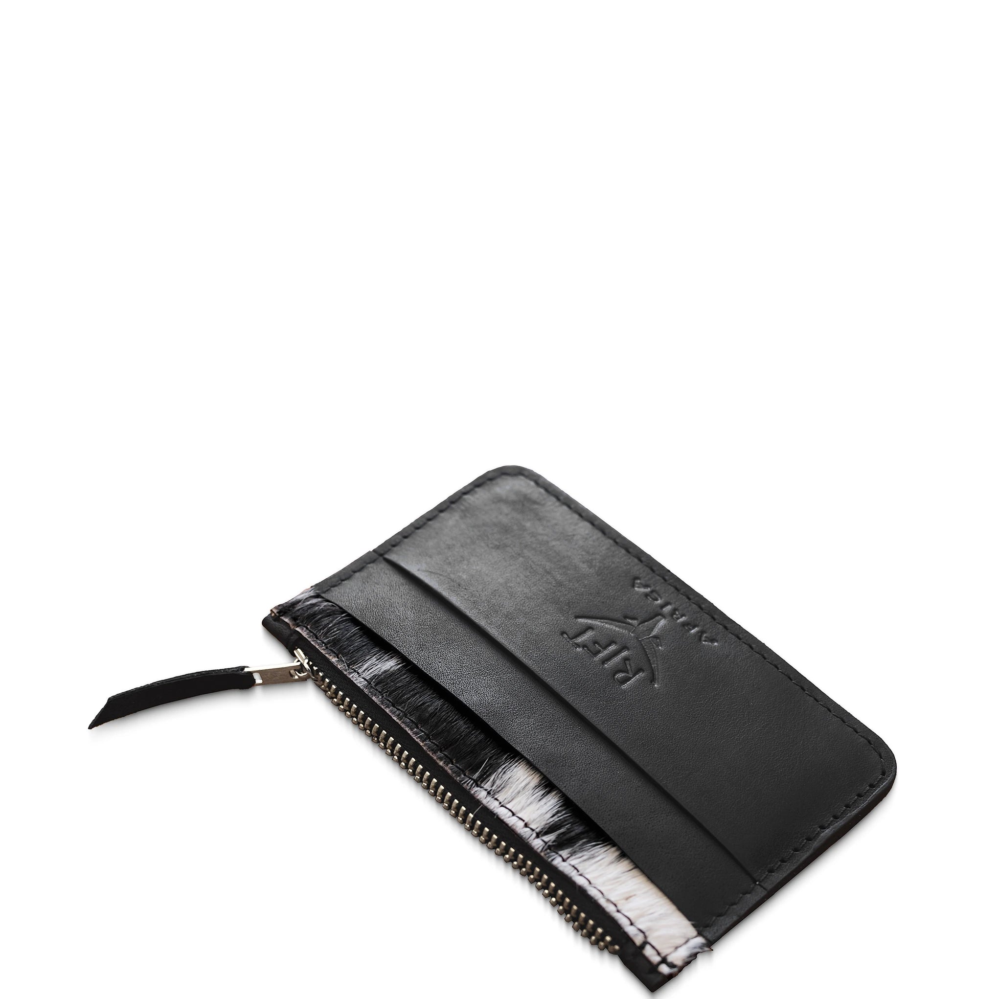 Black leather pouch with a brand logo on a white background
