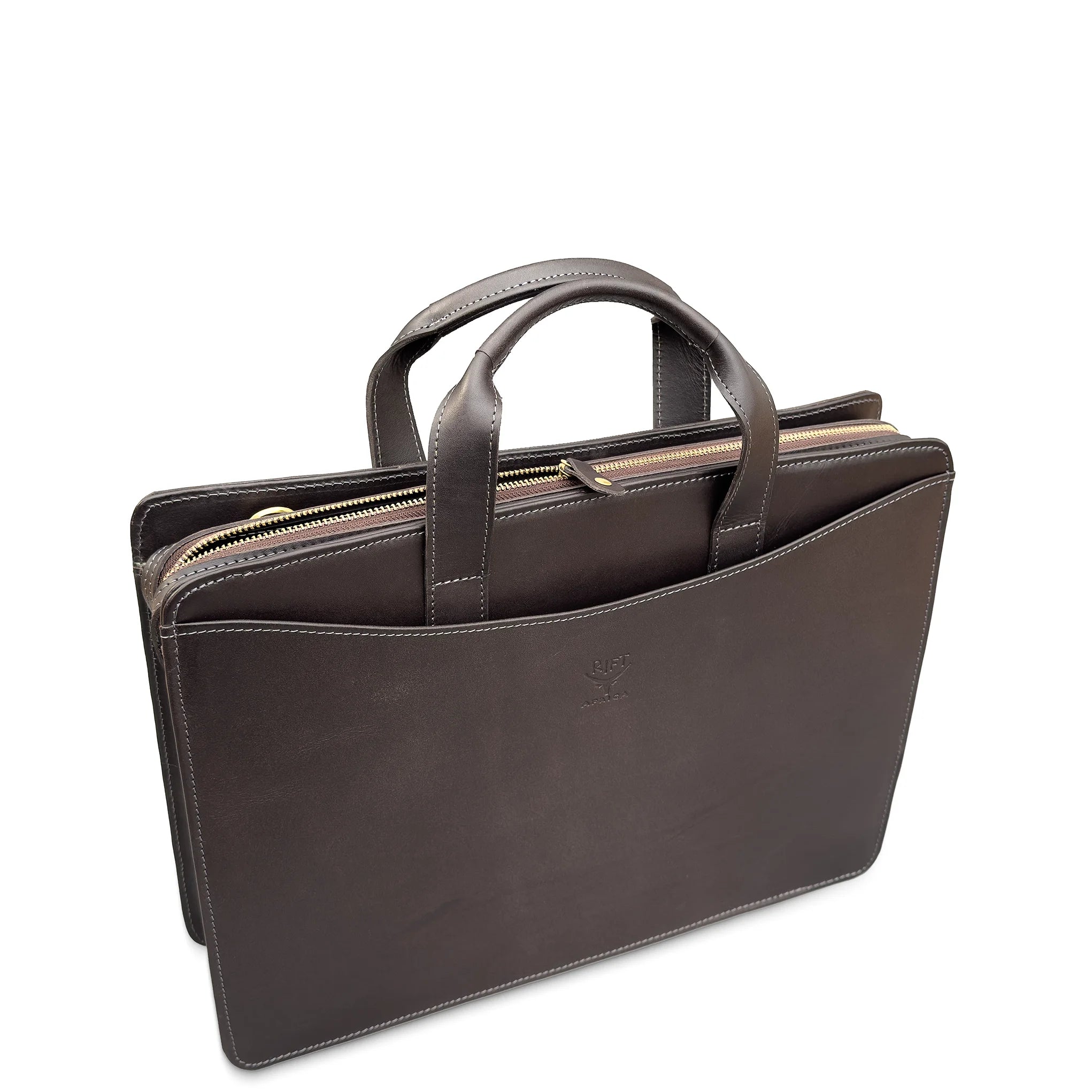 Brown leather briefcase with a handle on a white background