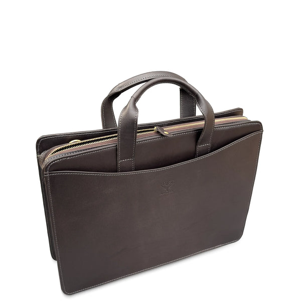 Brown leather briefcase with a handle on a white background