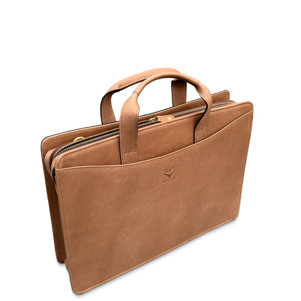 Brown leather briefcase with a visible brand logo on a white background