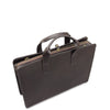 Brown leather briefcase with gold zipper pulls on a white background