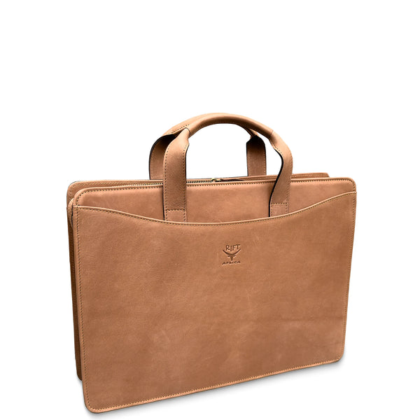 Tan leather briefcase with handle on a white background