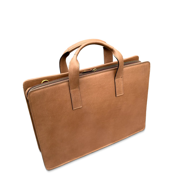 Brown leather briefcase on a white background