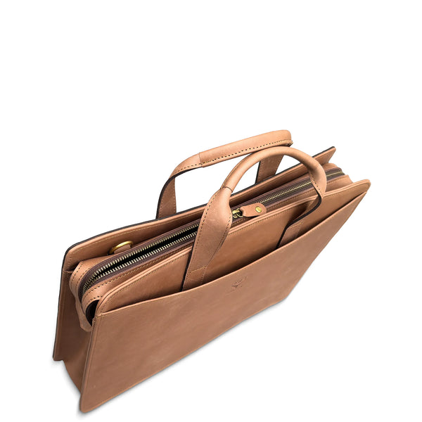 Brown leather briefcase on a white background