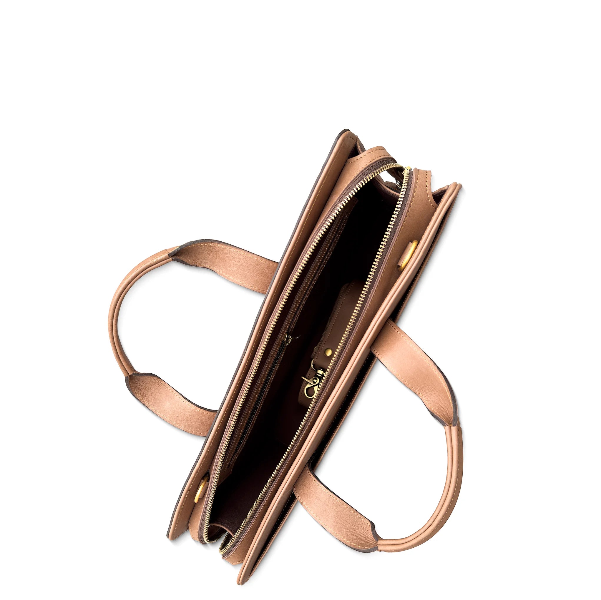 Rose gold leather briefcase with open design on a white background