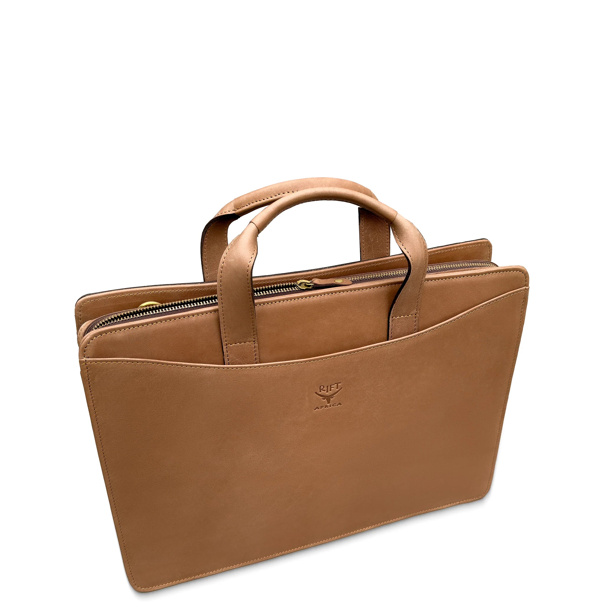 Brown leather briefcase on a white background