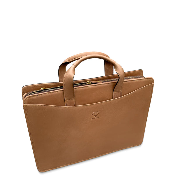Brown leather briefcase on a white background