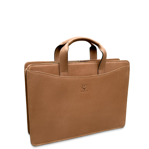 Brown leather briefcase with handle on a white background