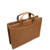 Brown leather briefcase with a visible brand logo on a white background